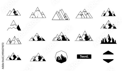 A collection of minimalist mountain and travel icons in black and white