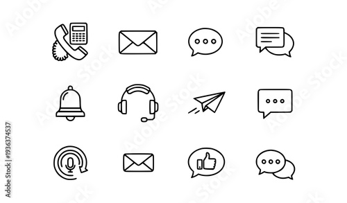 A set of minimalist line art icons representing various communication symbols