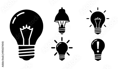 A set of six black light bulb icons on a white background