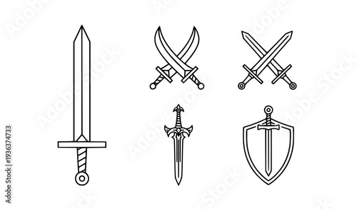 A set of medieval sword and shield vector illustrations in a minimalist style