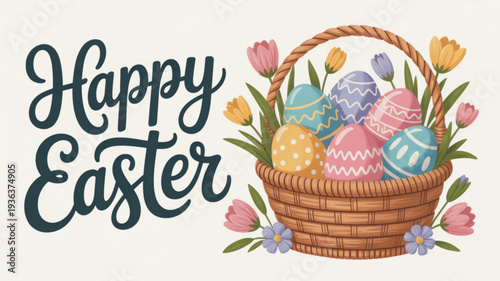 Easter basket filled with colorful eggs and tulips happy easter greeting spring flowers traditional holiday decoration pastel colors festive illustration