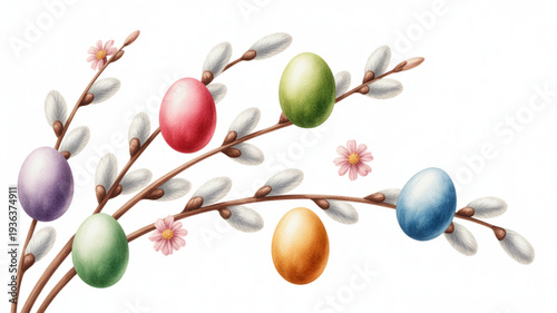 Colorful easter eggs hanging on blooming willow branches with flowers on white background symbolizing spring and holiday cheer