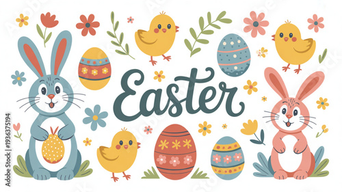 Easter illustration with bunnies eggs and chicks surrounded by flowers on a white background perfect for holiday designs and spring themes