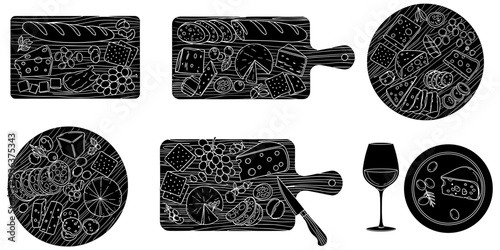 Charcuterie board illustration set, gourmet food design, cheese meat motif, wine pairing artwork, cracker grape symbol, culinary decorative motif, flat vector drawing