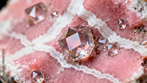 Pink gemstones on rock surface