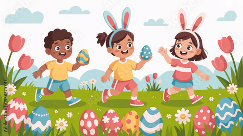 Children happily running through a colorful spring field filled with decorated easter eggs and tulips wearing bunny ears headbands