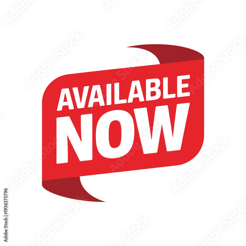 A vibrant red ribbon banner displays the text available now in bold white letters