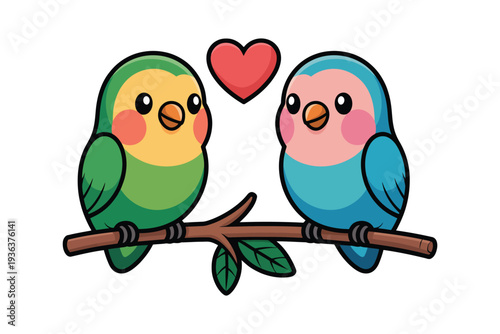 Cute Love Birds Couple With Heart, cartoon illustration of two birds in love, romantic Valentine's Day sticker, adorable kawaii style, love and relationship vector design.