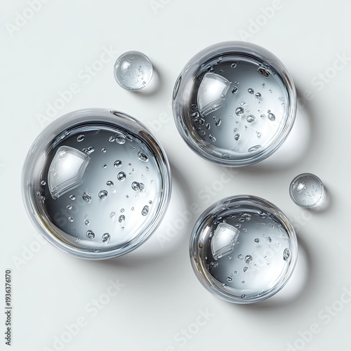 Close-up of water droplets, varying sizes, reflecting light, against a clean white background