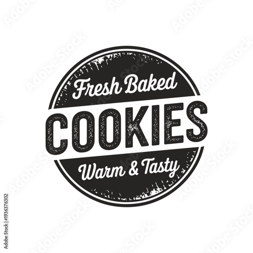 A circular badge proclaims fresh baked cookies with decorative flourishes