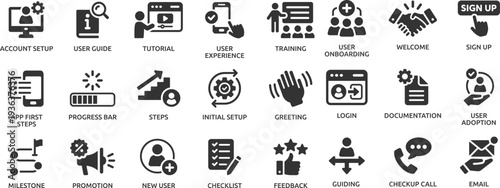 User onboarding solid vector icon collection, welcome, sign up, user guide, tutorial, UX, login and more.
