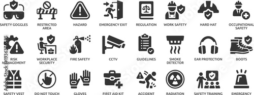 Work safety icon set. Containing hard hat, risk management, first aid kit, ear protection, workplace security, CCTV, regulation, safety training, hazard and more