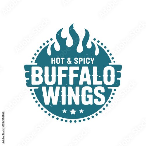 A circular badge design promoting hot and spicy buffalo wings