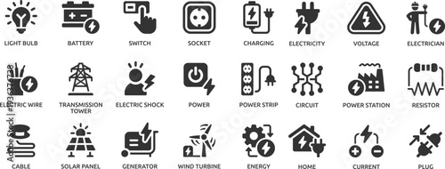 Electricity icon set. Containing energy, power, voltage, current, plug, battery, electrician, socket and more. Solid vector