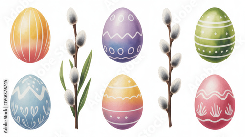 Colorful easter eggs with white patterns and pussy willow branches on white background spring decoration elements
