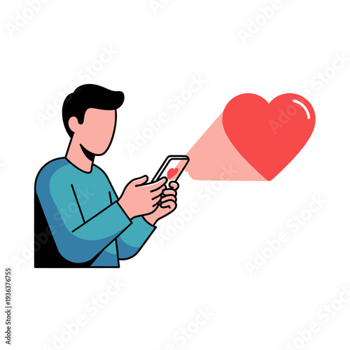 Man sending love through smartphone, digital heart icon, online dating concept
