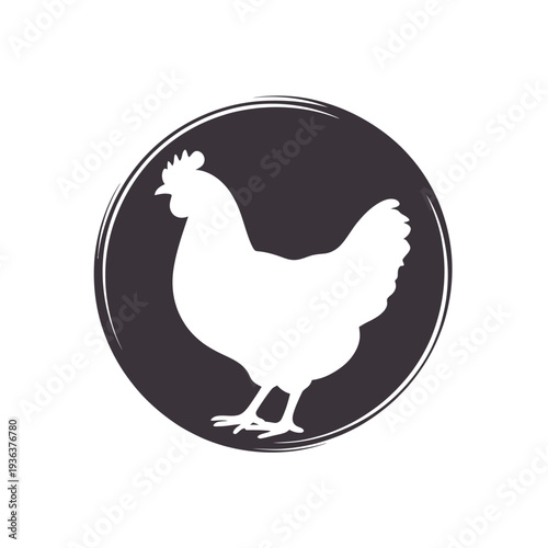 A striking silhouette of a white rooster within a dark circular frame