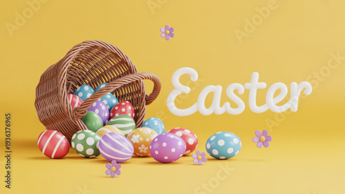 Colorful easter eggs spilling out of a brown wicker basket on a bright yellow background with purple flowers and the word easter