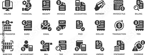 Invoice icon set. Containing receipt, bill, tax, paid, statement, accounting, transaction, barcode, financial and more.