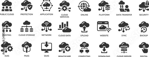 Cloud services icon set. Cloud computing, storage, hosting, sync, data transfer, cloud server, network, online, SAAS, digital and more.