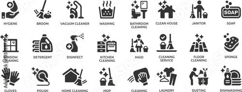 House cleaning icon set. Containing washing, broom, soap, maid, laundry, home cleaning, sponge, vacuum cleaner, mop and more