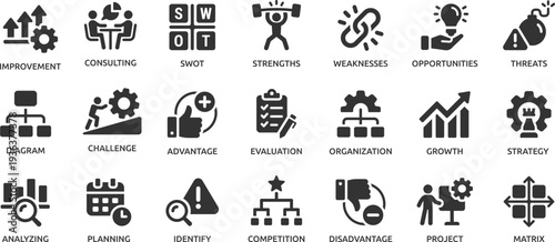 SWOT analysis icon set. Containing strengths, weaknesses, opportunities, threats, advantage, assessment, framework, strategy, planning, project and more.