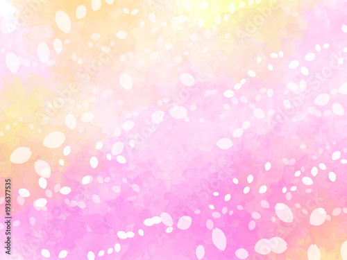 春の桜イメージのテクスチャー背景素材。桜の花びらの桜吹雪と色々な花の咲いた公園のあたたかい陽射しのイメージ。