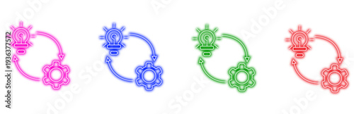 set of colorful neon icons showing a lightbulb and gear in a cyclical process representing innovation, development, and workflow integration