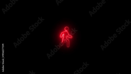 Neon red walking man sign glowing stick figure pedestrian symbol