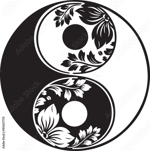Floral Yin Yang Symbol, Decorative Black and White Zen Mandala with Botanical Leaf Patterns for Tattoo, Wellness, and Harmony Design