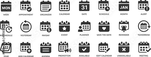 Calendar icon set. Containing date, schedule, month, week, appointment, agenda, organization and event icons. Solid icon collection