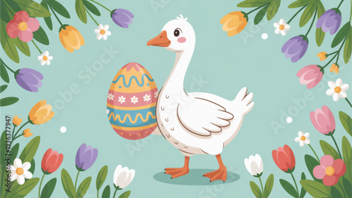 White duck with easter egg surrounded by colorful tulips and flowers on light blue background spring illustration