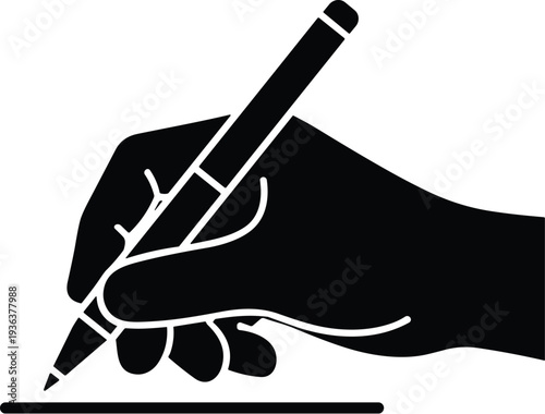 Black Silhouette Hand Holding Pen Writing Icon, Note‑Taking Symbol, Document Signing Illustration, Creative Expression Graphic