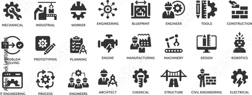 Engineering icon set. Containing blueprint, engineer, tools, construction, mechanical, industrial, worker, engine, manufacturing and machinery icons