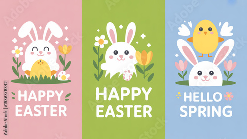 Happy Easter & Hello Spring: A collection of cheerful Easter illustrations featuring adorable bunnies, baby chicks, and vibrant spring elements, radiating warmth, joy, and the spirit of renewal. 