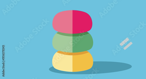 Colorful stacked mochi desserts on blue background