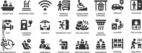 Building amenities icon set. Facilities, parking, elevator, garden, security, reception, swimming pool, concierge, pet friendly, gym and more