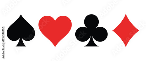 Playing Cards Suits Icons, vector flat symbols, heart, spade, diamond, club icons, casino and game design elements