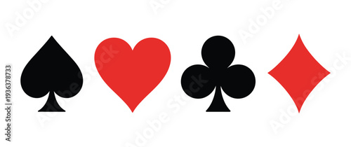 Playing Cards Suits Icons, vector flat symbols, heart, spade, diamond, club icons, casino and game design elements