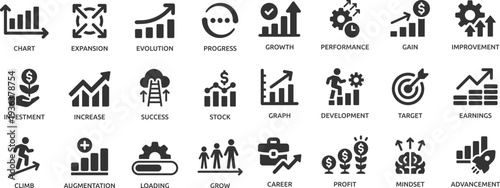 Growth icon set. Containing performance, gain, improvement, grow, chart, increase, evolution and development icons. Solid icon collection.