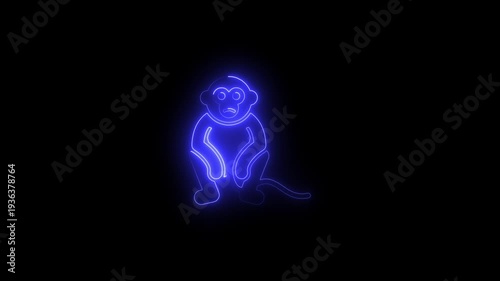 Neon blue monkey outline sitting on black background glowing primate