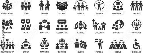 People icon set. Containing group, family, human, team, community, friends, population and senior icons.