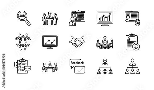 Human Resources Line Icon Set Hiring Training Performance HR Vector Icons on White Background