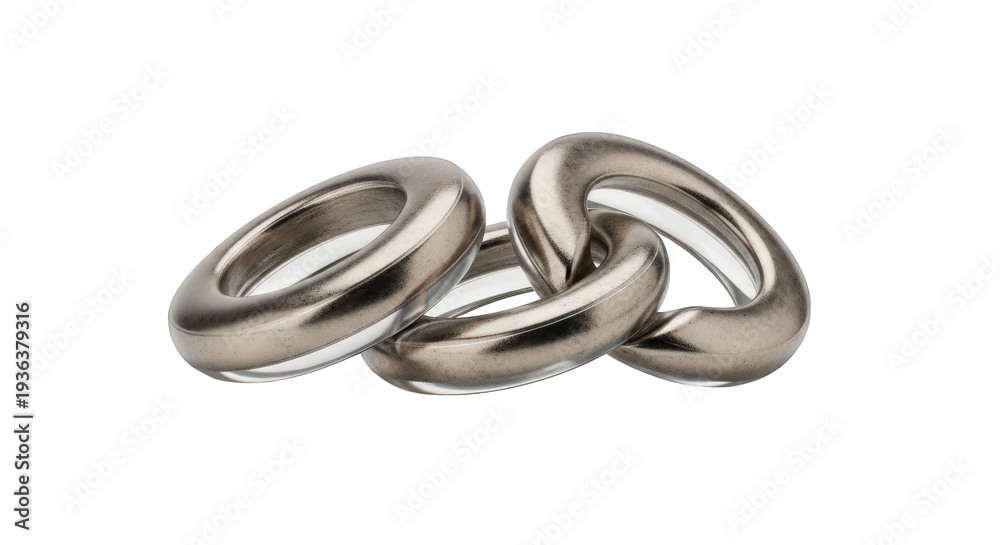Naklejka premium Three interconnected silver rings with shiny metallic finish isolated on transparent background