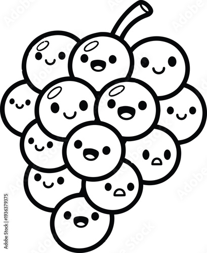 Cute kawaii cartoon grape bunch with happy smiling faces, isolated black and white line art vector illustration for kids, food, and design elements.