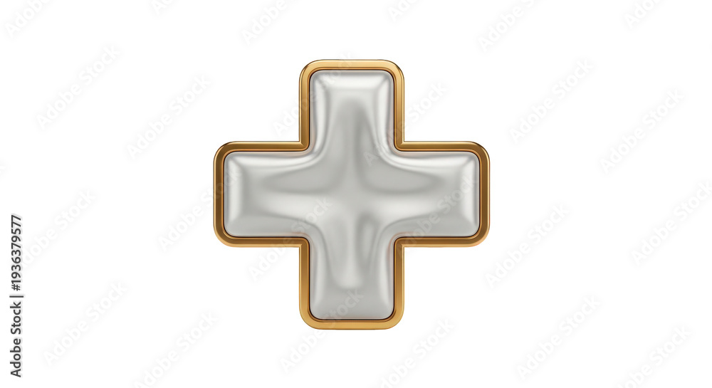 Obraz premium Shiny metallic cross symbol with gold outline isolated on transparent background