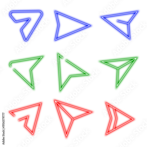set of colorful neon arrow icons for navigation play next forward direction pointer and cursor on white background vector illustration