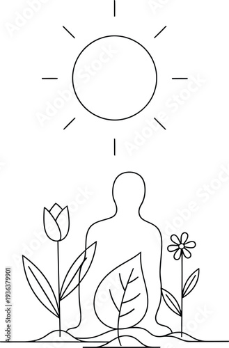 Simple sun above garden with abstract human outline blending into plants minimal line art