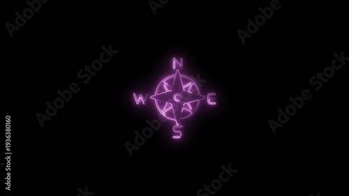 Neon compass rose with glowing purple outline on black background navigation symbol direction indicator