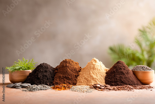 Piles of compost ingredients and soil arranged with green plant and seeds dirt organic gardening